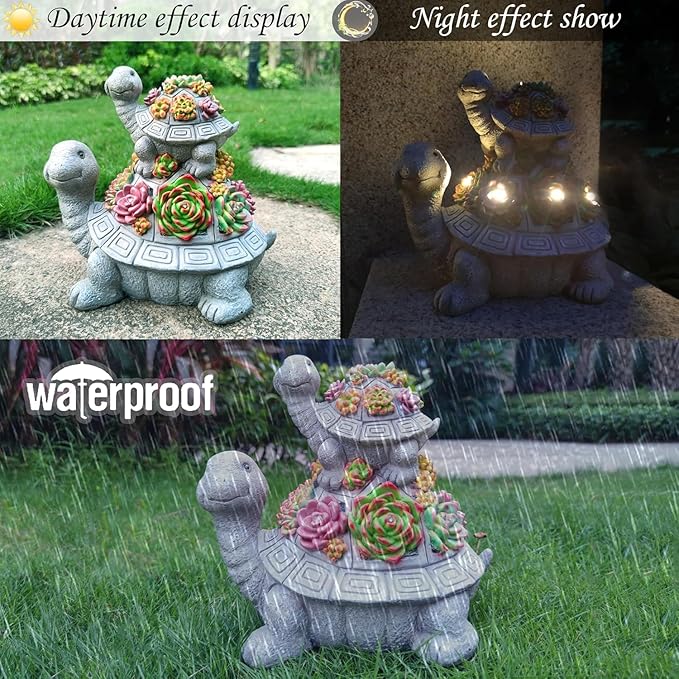 Solar Turtle Garden Outdoor Statues with Succulent and 7 LED Lights, Lawn Decor Tortoise Statue for Patio, Balcony Outdoor Figurines Solar Light， Unique Birthday Gifts for Mom,