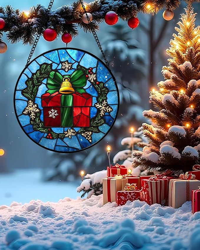 Stained Glass Window Hanging - Holly Branch Gift Box Suncatcher for Doors Home Christmas Decoration Winter Sun Catcher Thanksgiving New Year Birthday Gifts for Women Men Mom Nana Girl 7.8 in