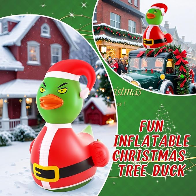 Hungdao 1 Pcs 4 Feet PVC Christmas Giant Inflatable Green Hair Monster Duck Huge Rubber Large Blow up Duck Christmas Pool Floats for Xmas Holiday Indoor Outdoor Pool Decorations