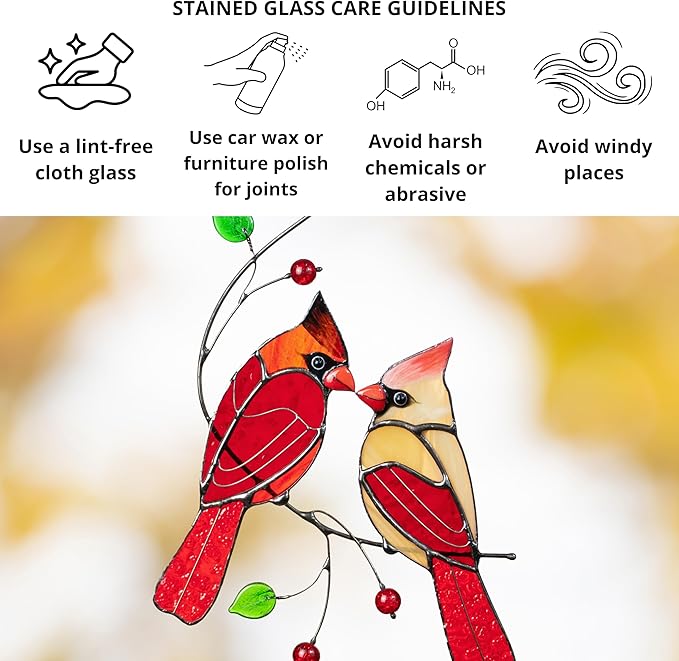 Red Northern Cardinal Birds Stained Glass Suncatcher Genuine Stained Glass Window Hangings Unique Indoor Ornament & Outdoor Decor (Style 1)