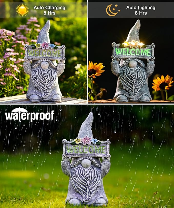 Nacome Solar Gnome Statue for Garden Decor: Outside Sculpture with Flower Welcome Sign Clearance for Yard Art Lawn Ornaments Porch Patio Balcony - Birthday Gifts for Grandma Mom Women(Grey)