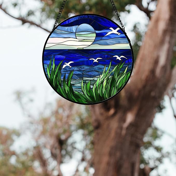 Stained Glass Window Hanging 4 Pcs Set Navy Blue Ocean Landscape Large 11.8" - Suncatcher Door Garden Sun Catcher Decor Birthday Mother's Day for Mom Woman Nana Girl Boy Friend