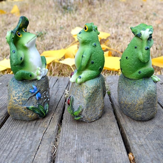 Inspirational Frogs Garden Statues, 3 Pack Frog Sitting on Stone Sculptures Outdoor Decor for Patio, Yard, Pond & Fairy Garden