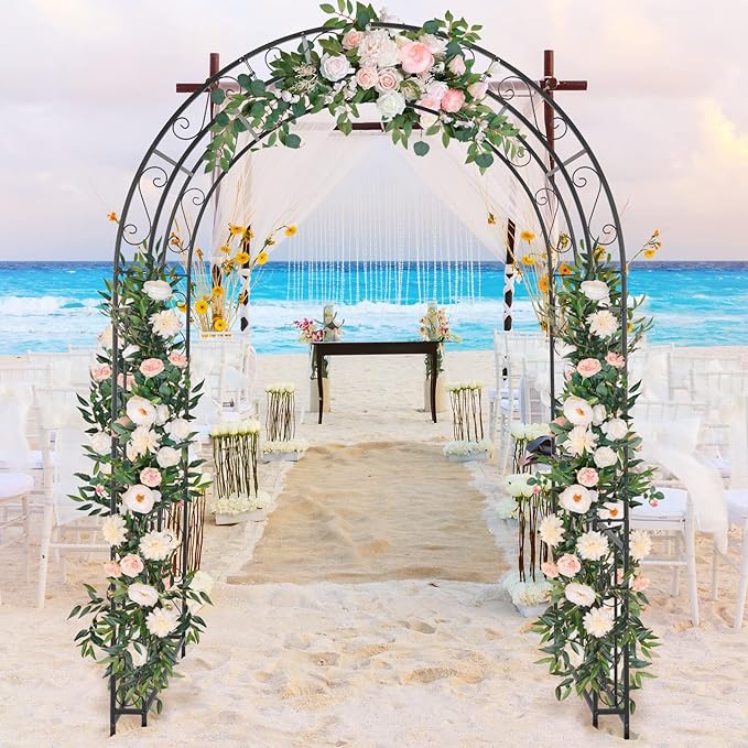 7FT Metal Garden Arch Trellis, Heavy Duty Metal Garden Arbor with Stakes for Climbing Plants Outdoor Patio, Double-Layered Trellis Arch for Wedding Ceremony Party, 59" x 84", Black, 13mm