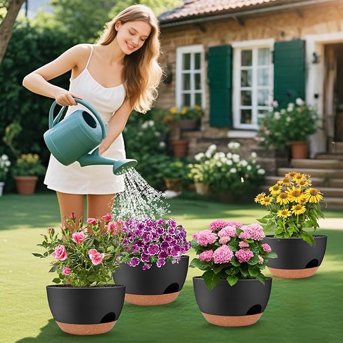 Plant Pots 12inch Self Watering Pots, Set of 2 Plastic Planters with Drainage Holes and Saucers, Flower Pots for Indoor Outdoor Plants (Black)