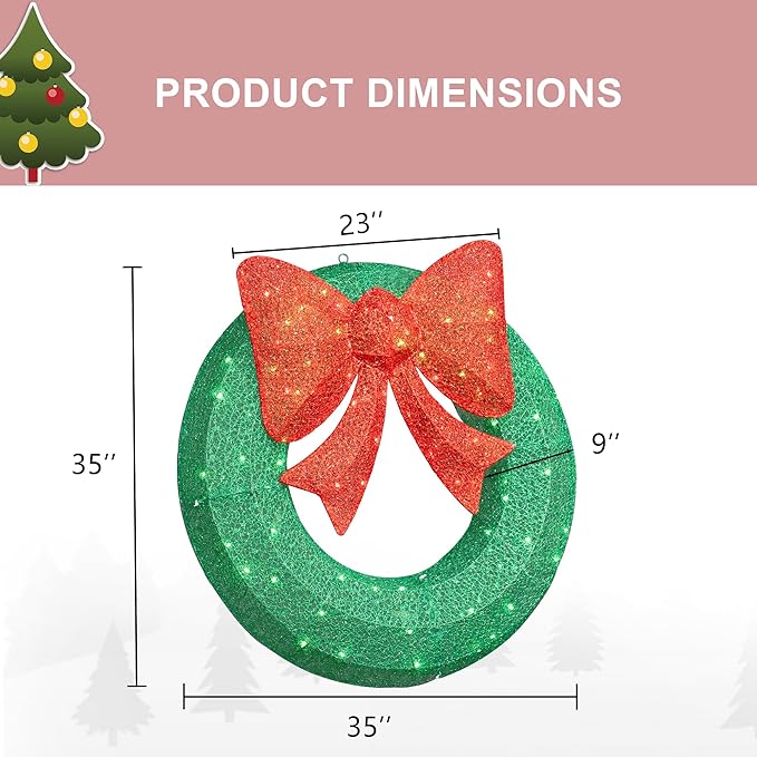Lamerge 1PC Pre-Lit Outdoor Christmas Wreath Decorations, 36'' Bow Holiday Decor Wreath, Christmas Wreath with 90 Lights, Lights Outdoor/Indoor Decorations for Front Door, Wall, Window, Green
