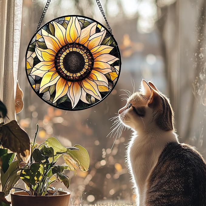 Stained Glass Window Hanging - Sunflower Suncatcher for Door Garden Patio Retro Flower Sun Catchers Decor Christmas Mother's Day Birthday Gifts for Women Mom Nana Friend Wife 7.8 in