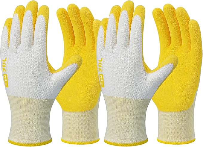 JDL Gardening Gloves for Women, 2 Pairs Breathable Latex Coated Yard Garden Gloves, Rubber Outdoor Protective Work Gloves with Grip, Yellow, Large Size