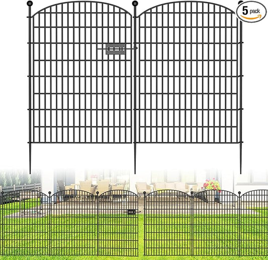 No Dig Decorative Garden Fence 5 Panels with Gate, 40 in (H) x 11.8 ft (L), Dog Fence Outdoor for Yard，Rustproof Metal Animal Barrier Ground Stakes Fencing for Garden, Patio, Flower Bed