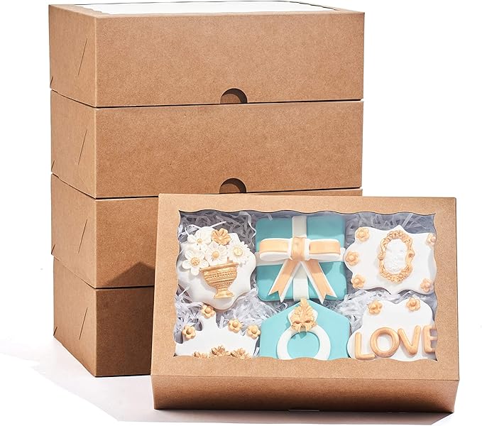 4PCS 10 x 7 x 2.5 inches Premium Cookies Boxes, Strawberries Boxes with Clear Window, Brown Natural Brown Paper Box