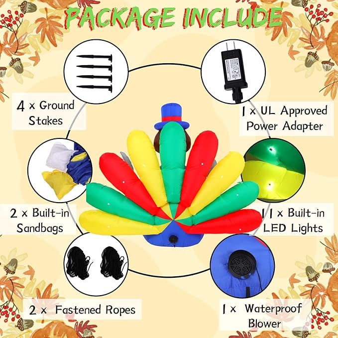 Thanksgiving Inflatable Turkey Decorations -5FT LED Light Up Pilgrim Hat & Colorful Tail -Holding Knife and Fork Turkey Blow up Yard Decor Outdoor Indoor Lawn Garden Home Autumn Holiday Harvest