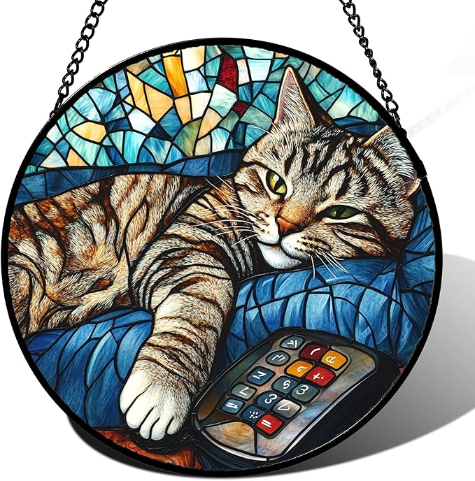 Stained Glass Window Hanging Gray Cat and Remote Control 6.3" - Suncatcher Door Garden Kitchen Sun Catcher Home Decor Birthday for Lost Pets Mom Men Woman Friend Grandma