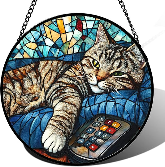 Stained Glass Window Hanging Gray Cat and Remote Control 7.8" - Suncatcher Door Garden Kitchen Sun Catcher Home Decor Birthday for Lost Pets Mom Men Woman Friend Grandma
