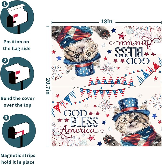 4th of July Cat Mailbox Cover Magnetic Standard Size God Bess America Flag Stars Patriotic Firework Mailbox Wrap Letter Post Cover 21x18 Inch for Garden Yard Outside Outdoor Decor