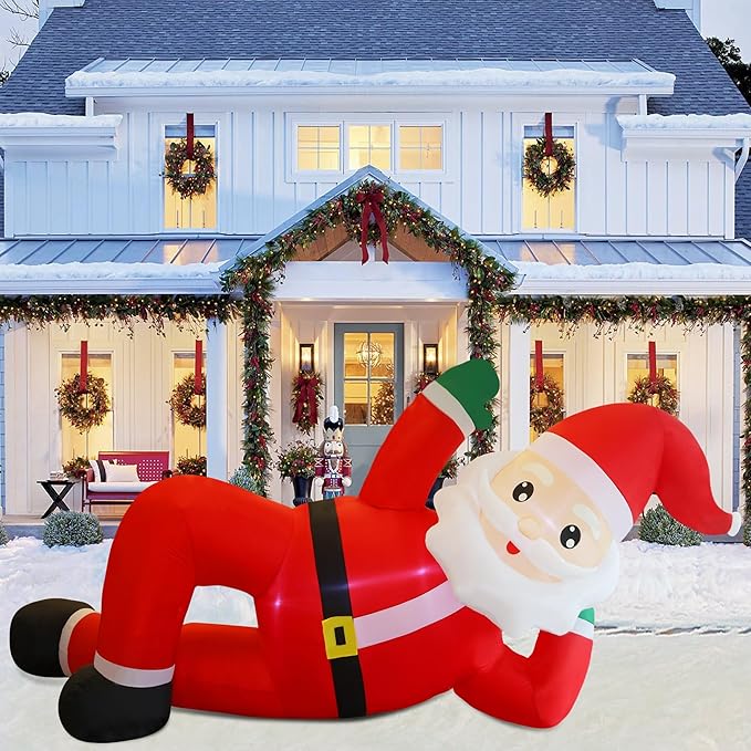 Juegoal Christmas Inflatables Outdoor Decorations, 12FT Long Inflatable Xmas Santa Claus, Lighted Blow Up Giant Lying Santa with Built in LED Lights, Light Up Holiday Winter Lawn Yard Garden Decor