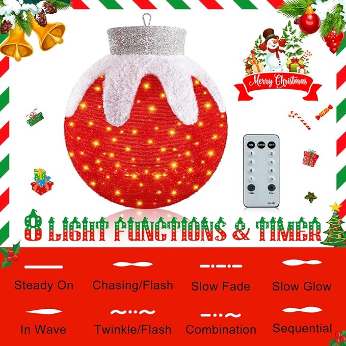 Outdoor Hanging Christmas Ornaments, Lighted Pop-Up Hanging Outdoor Holiday Ball Decoration, 8 Light Modes, Lighted Collapsible Holiday Decorations (Red)