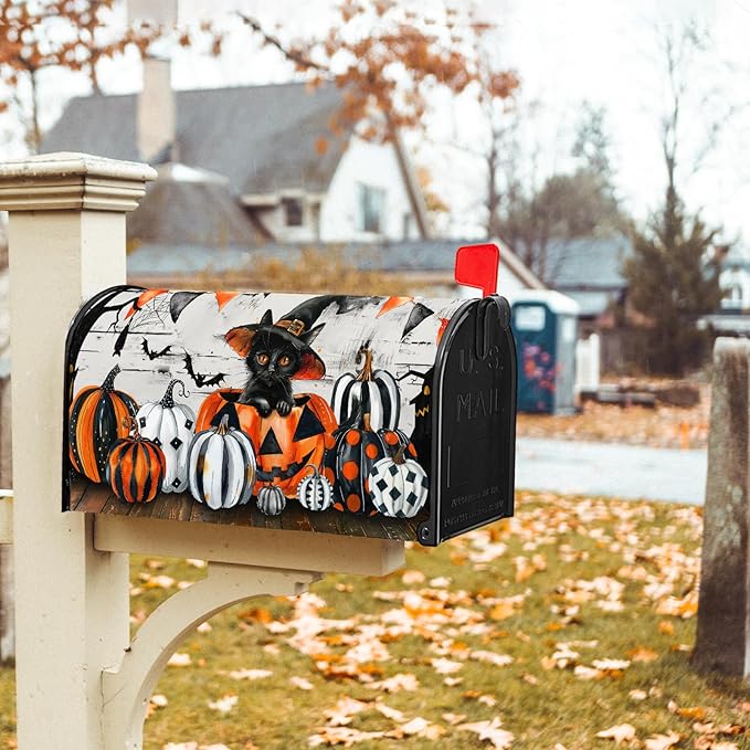 Halloween Mailbox Covers Magnetic Fall Pumpkin Mailbox Covers Magnetic Standard Size 25.5" X 21" Autumn Halloween Mailbox Post Cover Letter Box Cover Home Garden Decor for Outside Decoration