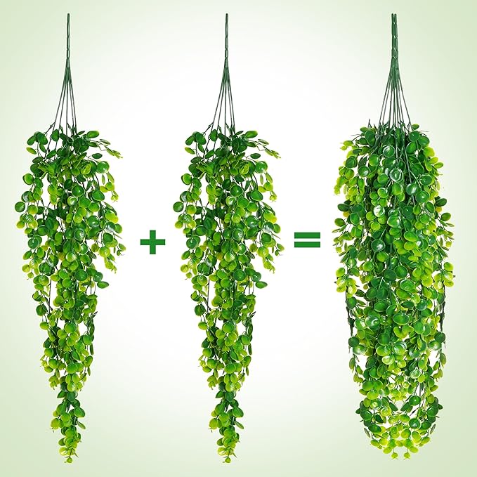 jiebor 4Pcs Fake Artificial Plastic Greenery Faux Hanging Plants Ferns Eucalyptus Vines for Bathroom Living Room Home Indoor Outdoor Office Wall Shelf Decor