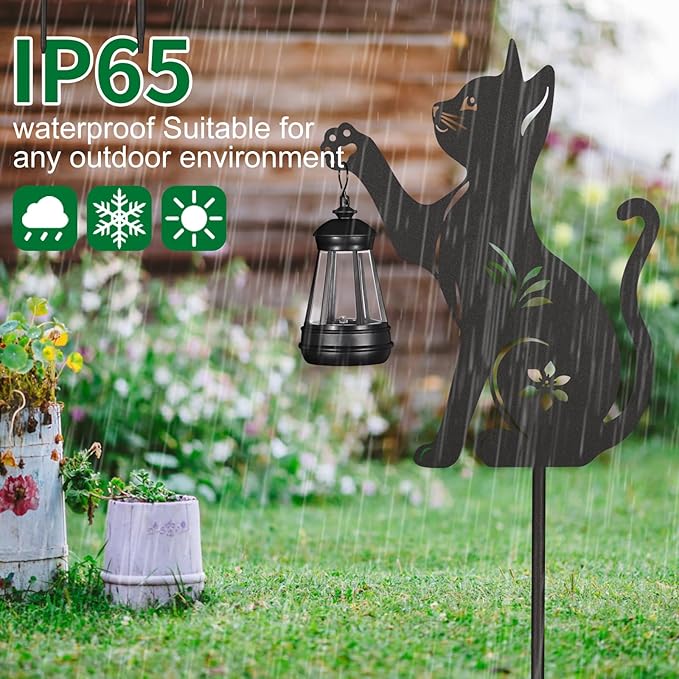 2Pack Solar Outdoor Garden Lights Stakes Solar Metal Cat Lawn Deco Statue Black Cat Patio Garden Decorative Stakes with Solar Lantern Christmas Birthday Gifts for Women Mom and Grandma