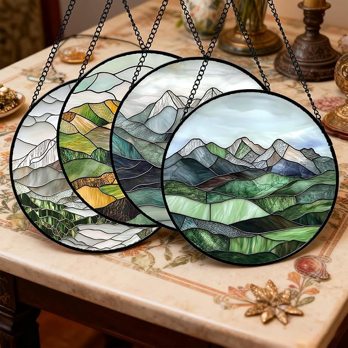 Stained Glass Window Hanging 4 Pcs Set Mountain River Landscape Large 11.8" - Suncatcher Door Garden Sun Catcher Decor Birthday Mother's Day for Mom Woman Nana Girl Boy Friend