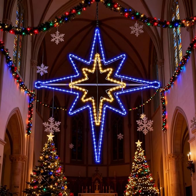 Outdoor Christmas Star of Bethlehem Large LED Star Window Plug Operated Lighted for Xmas Wall Window Indoor Outside Home Street Store Holiday Decorations(43'',Warm, Blue Light)