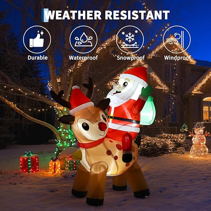 7 ft Outdoor Decorations Christmas Inflatable Santa Riding Reindeer Blow Up Yard Decoration with Built-in LED Lights for Outdoor Garden Lawn Xmas Holiday Decor