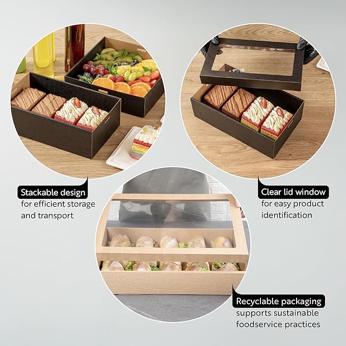 Restaurantware Cater Tek 9 x 9 x 2.4 Inch Catering Boxes 10 Insert Tab Lock Baked Goods Boxes - Window Lids Easy Assembly Kraft Paper Window Pastry Boxes For Charcuterie Or Cupcakes