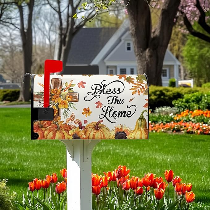 Bless This Home Mailbox Covers Magnetic Thanksgiving Pumpkin Mail Box Cover Fall Autumn Mailbox Wraps Magnetic Standard Size 21x18 inch for Outside Garden Yard