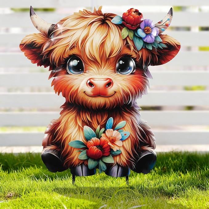 Highland Cow Metal Garden Stakes 12.6” Decorative,Outdoor Garden Highland Cow Decor Stake,Birthday Gifts for Mom Women,Decorative Metal Housewarming Ornament for Lawn Patio Yard Pathway.