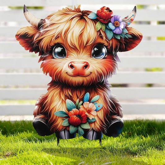Highland Cow Metal Garden Stakes 12.6” Decorative,Outdoor Garden Highland Cow Decor Stake,Birthday Gifts for Mom Women,Decorative Metal Housewarming Ornament for Lawn Patio Yard Pathway.