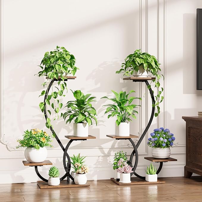 Plant Stand Indoor with Grow Lights - 2 Pack Plant Shelf, Lighted Corner Plant Stands for Indoor Growing, 4 Tiered Metal Flower Holder, S-Shaped Decorative Shelves for Home, Hallway, Black