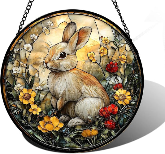 Stained Glass Window Hanging - Rabbit Flowers Suncatcher Ready to Hang Window Doors Home Decoration, Easter, Mother's Day Birthday Gifts for Women, Men, and Mom 6.3x6.3 in