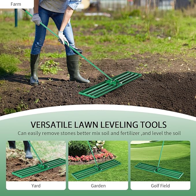 VINGLI Iron Lawn Leveling Rake 30in for Soil Sand Composs, Extended Handle, 180°Rotation Head, with All Handwares, for Yard Garden Golf Field, Green (30in)