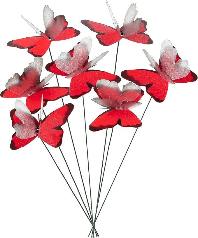 Handmade Red Butterfly Garden Stakes Set of 7 - Decorative Outdoor & Indoor Plant Decor - Nature Lover Gift Idea by Air Aquarium Kushner