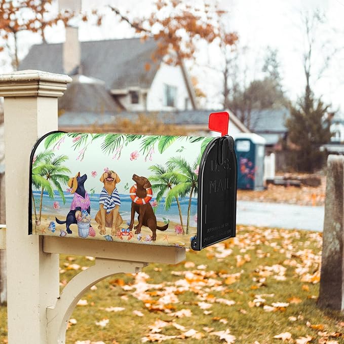 Summer Dogs Magnetic Mailbox Cover 21x18Inch Funny Tropical Beach Coastal Puppy Waterproof Mailbox Wrap Letter Post Cover Standard Size for Garden Yard Outdoor Season Outside Decor
