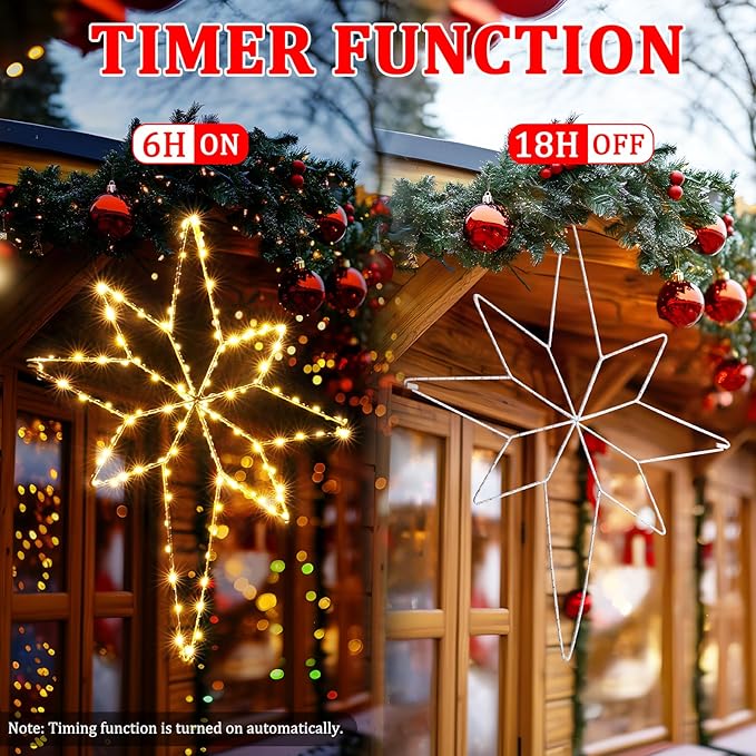 Marchpower Star of Bethlehem Christmas Window Lights, 22inch 118LEDs Warm White Xmas Window Lighted Decor Battery Powered, Waterproof Outdoor Christmas Star Light, Twinkle Fairy Light Timer - 2Pack
