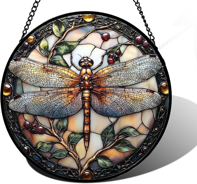 Stained Glass Window Hanging - Dragonfly Plant Suncatcher Ready to Hang Window Doors Home Decoration, Christmas, Mother's Day Birthday Gifts for Women, Men, and Mom 7.8x7.8 in