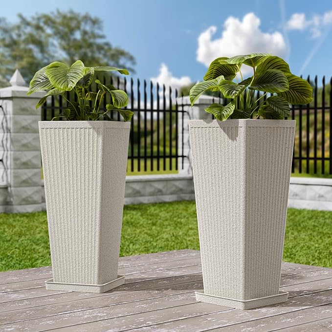 Tapered Tall Planters for Outdoor Plants 2 Pack- 23.6 Inch Heavy-Duty Classic Square Indoor Flower Pots with Drainage Holes/Partition/Tray, Large Outdoor Planters for Porch Patio, Beige