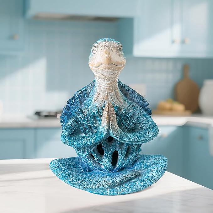 VVGIFTS Coral Reef Sea Turtle Meditation Yoga Decor, Garden Figurine Sea Turtle Meditating Coastal Beach Decorations, Zen Yoga Resin Statue for Home Office Decorations (Prayer)