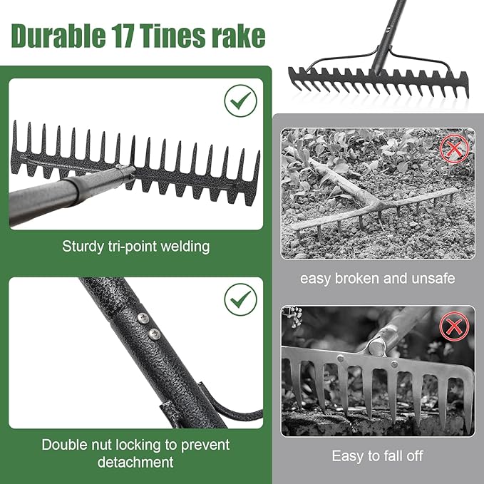 49'' Bow Rake ，17 Tines Metal Head Rakes with Stainless Steel Handle，Heavy Duty Garden Rakes for Loosening Soil Gathering Leaf Leveling Lawn Farming Land Management Yarn Thatch