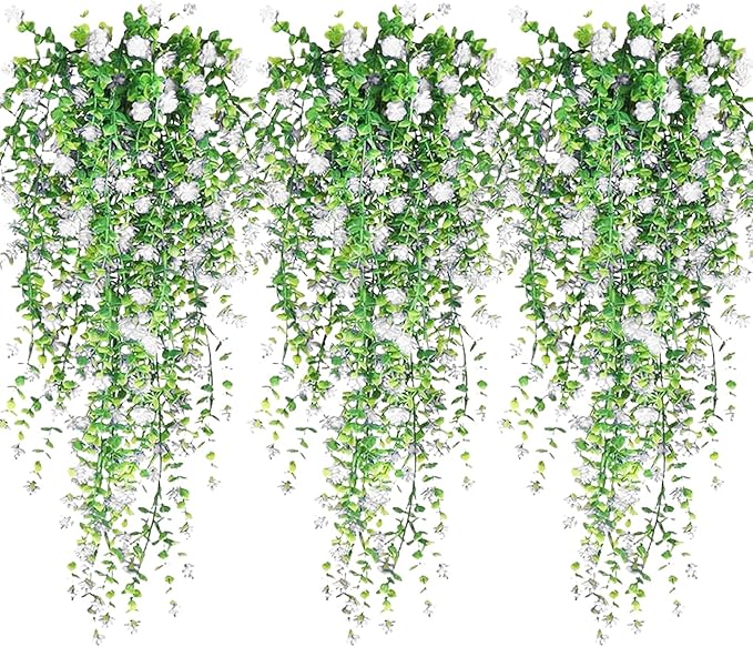 Artificial Hanging Flowers, 3 Pcs Fake Hanging Plants Artificial Vines for Outdoors, Fake Ivy Vine UV Resistant No Fade Faux Plants for Indoor Outside Garden Patio Yard Greenery Decoration (White)