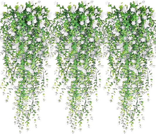 Artificial Hanging Flowers, 3 Pcs Fake Hanging Plants Artificial Vines for Outdoors, Fake Ivy Vine UV Resistant No Fade Faux Plants for Indoor Outside Garden Patio Yard Greenery Decoration (White)