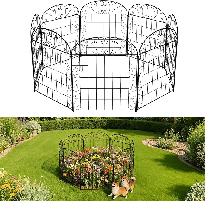 8 Panels Garden Fence Animal Barrier with Gate, 30 in(H) x 16.8 ft(L) No Dig Dog Fence Outdoor for Yard, Decorative Metal Garden Fencing Wire Panel Border for Dogs, Rabbits, Patio, Flower Bed