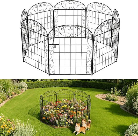 8 Panels Garden Fence Animal Barrier with Gate, 30 in(H) x 16.8 ft(L) No Dig Dog Fence Outdoor for Yard, Decorative Metal Garden Fencing Wire Panel Border for Dogs, Rabbits, Patio, Flower Bed