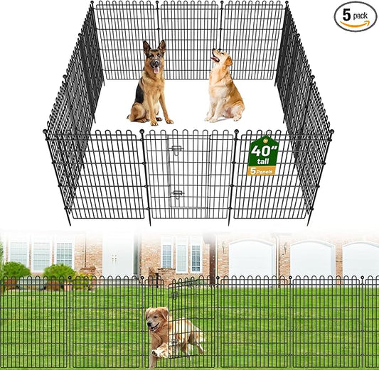 5 Panels No Dig Decorative Garden Fence with Gate for Yard, 40 in(H) X 11.8 ft(L) Animal Barrier Fencing for Outdoor Dog, Metal Portable Garden Fences for Borders, Pets, Landscape, Temporary Fence