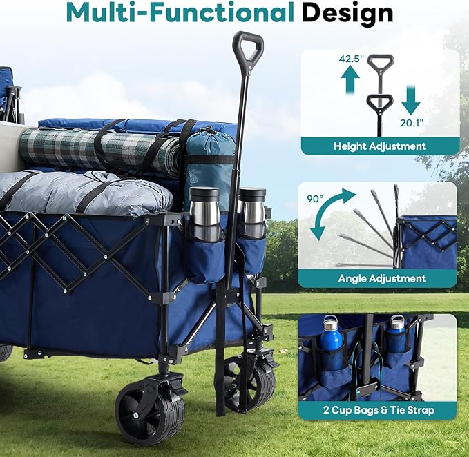 NEWBULIG Collapsible Wagon Cart - 440lbs Foldable Extra Long Heavy Duty Utility Wagon with Wheels, Portable Storage Grocery Cart for Camping, Shopping, Sports, Beach, Garden