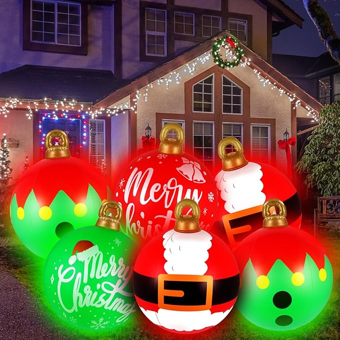 [Light up] Inflatable Ornaments Balls Outdoor 4Pcs: Flashes in Red | Green | Blue and Timer, 24 Inch Giant Christmas Inflatable Ornaments, Reusable PVC - Blow Up Ornament Balls for Yard, Porch, Party