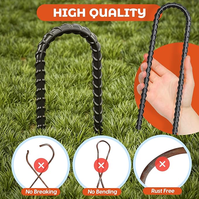 Happin® 12 Inch Heavy Duty Ground Anchors, Garden Stakes U Hook, Tent Stakes Heavy Duty, Chain Link Fence Anchors, Ground Anchors Screw in, Yard Stakes, Galvanized Steel, (4 Pack, Black)