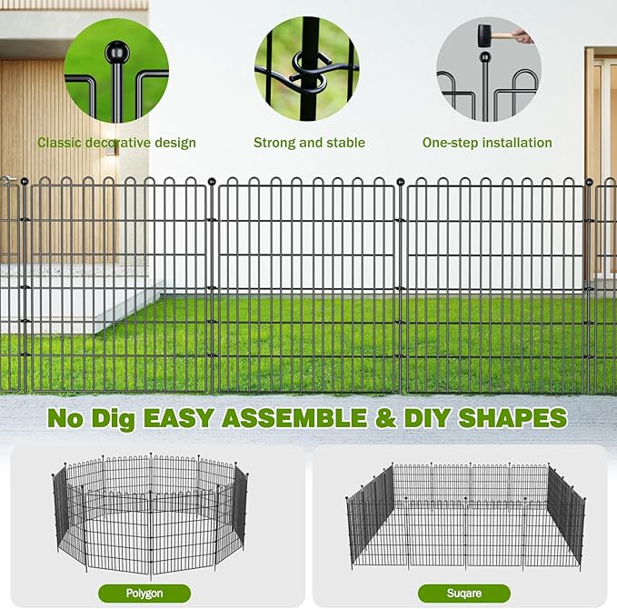 10 Panels No Dig Decorative Garden Fence with Gate for Yard, 40 in(H) X 23.6 ft(L) Animal Barrier Fencing for Outdoor Dog, Metal Portable Garden Fences for Borders, Pets, Landscape, Temporary Fence