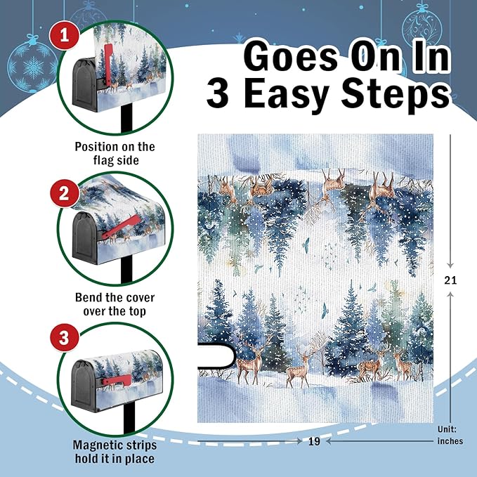 Winter Reindeer Mailbox Cover Magnetic Standard Size 20.5" x 18", Snowy Pine Tree Forest Birds Decorative Post Letter Box Wrap Decor, Christmas Seasonal Garden Yard Outdoor Decoration